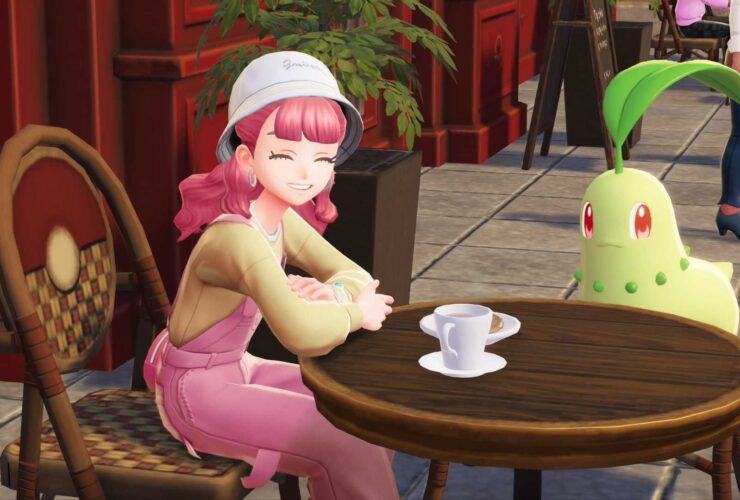 A pink-haired trainer and a Chikorita sit outside a cafe in Pokemon Legends: Z-A.