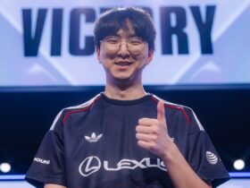 100 Thieves LoL player River doing a thumbs up after beating BLG at Worlds 2025