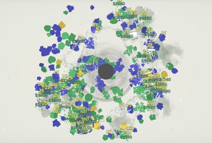 Screenshot from A Game About Feeding a Black Hole, showing a black hole with colorful asteroids orbiting it.