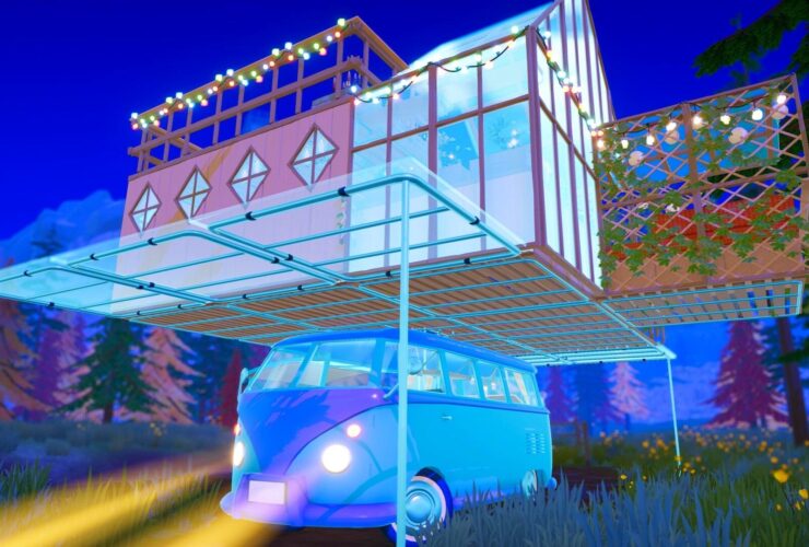 Screenshot of Outbound, showing a campervan at night with a hole base folding out the top