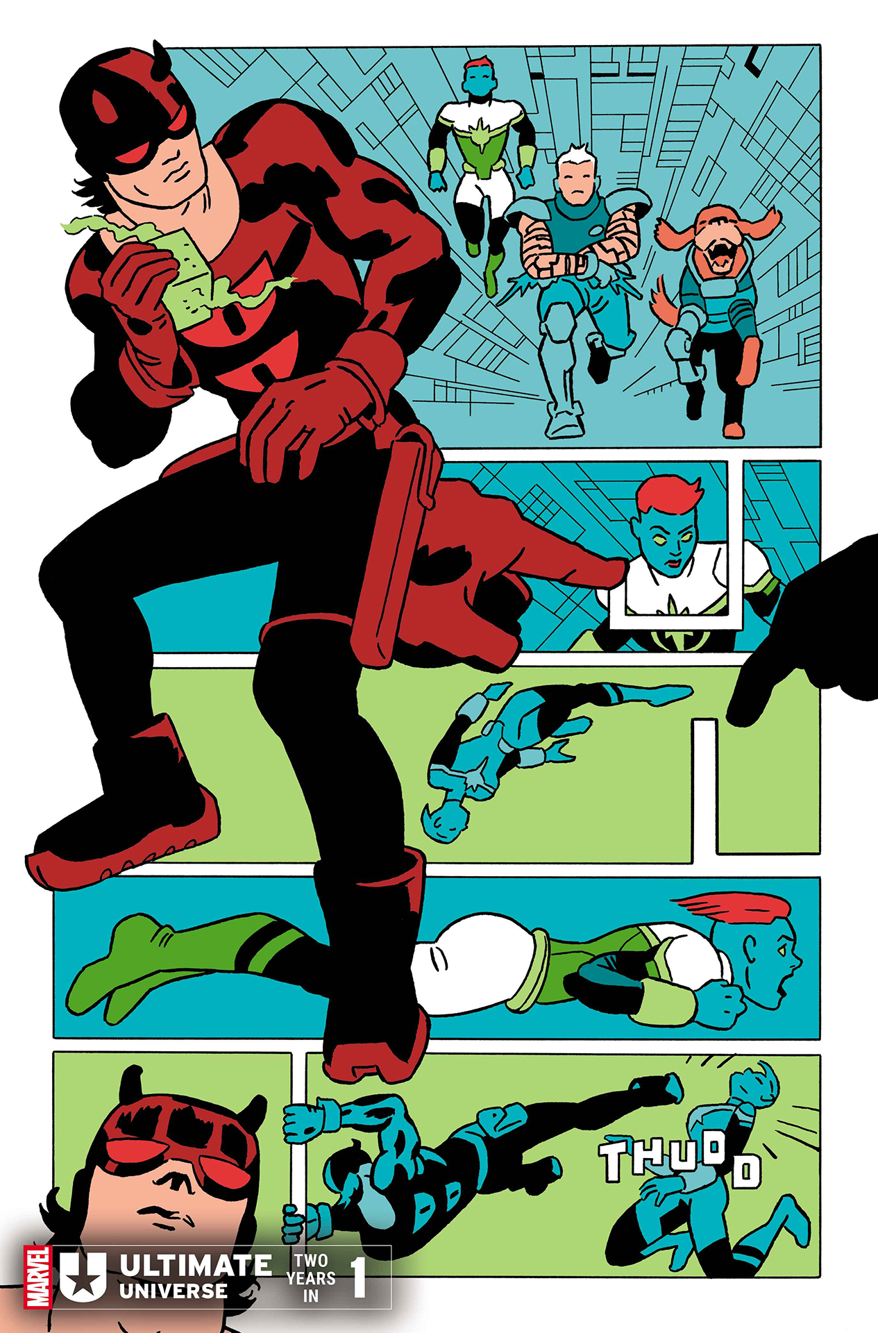 Ultimate Daredevil squaring off with the Ultimate Guardians of the Galaxy