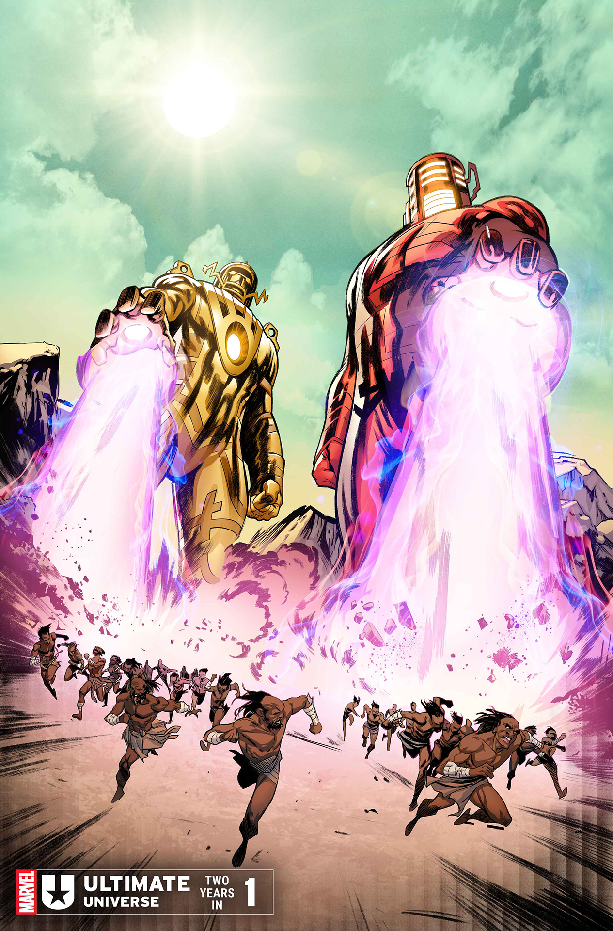 Two Celestials blasting a crowd of people