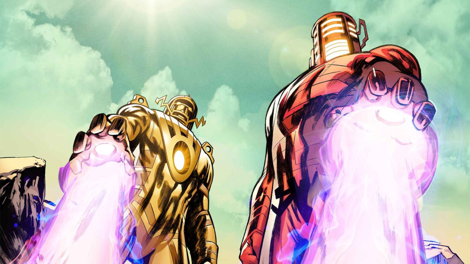 Two Celestials blasting a crowd of people