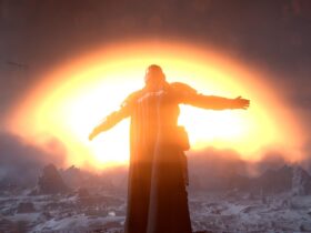 Helldivers 2 soldier watches a nuclear explosion in the distance with his arms stretched wide