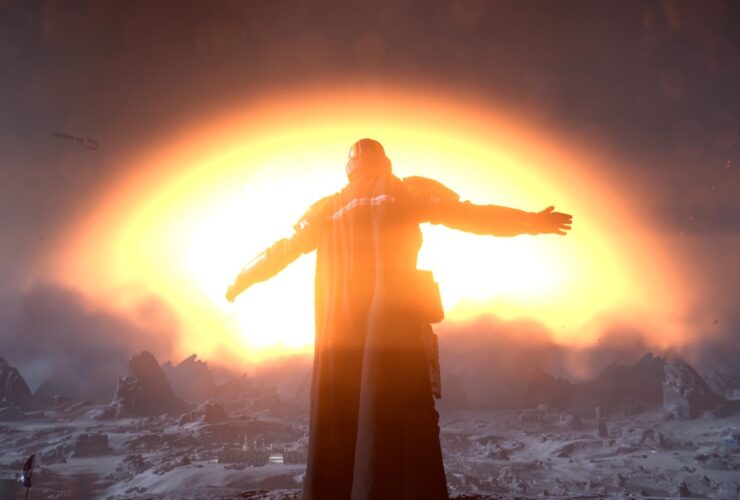 Helldivers 2 soldier watches a nuclear explosion in the distance with his arms stretched wide