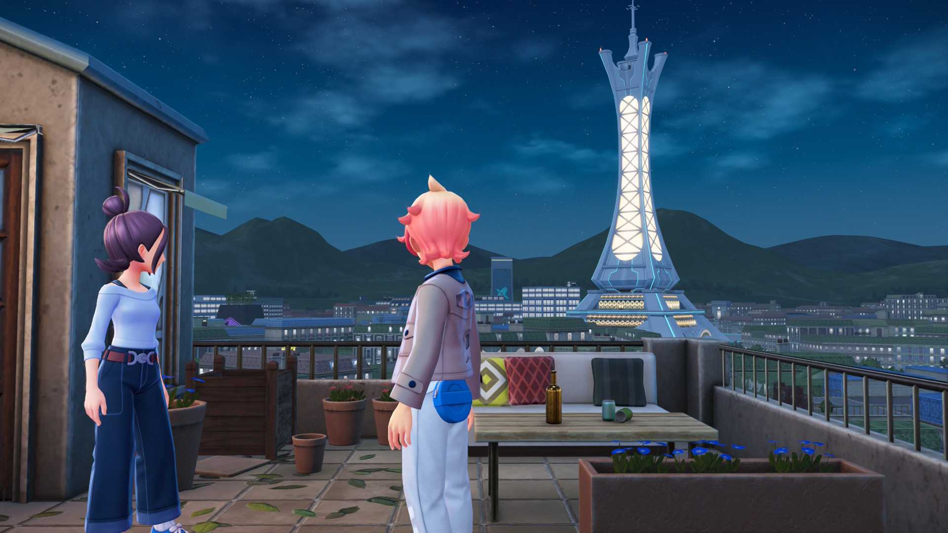 A screenshot of the protagonist and Urbain looking out at Prism Tower in Pokemon Legends: Z-A.