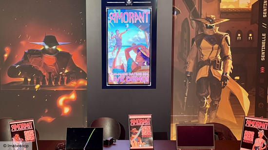 valorant-dating-sim-april-fools-amorant-demo-out-now An image of the Amorant stand at VCT Champions, with images showing Cypher