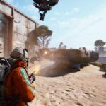 A player shooting at a robot enemy with no health bar in Arc Raiders