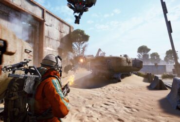 A player shooting at a robot enemy with no health bar in Arc Raiders