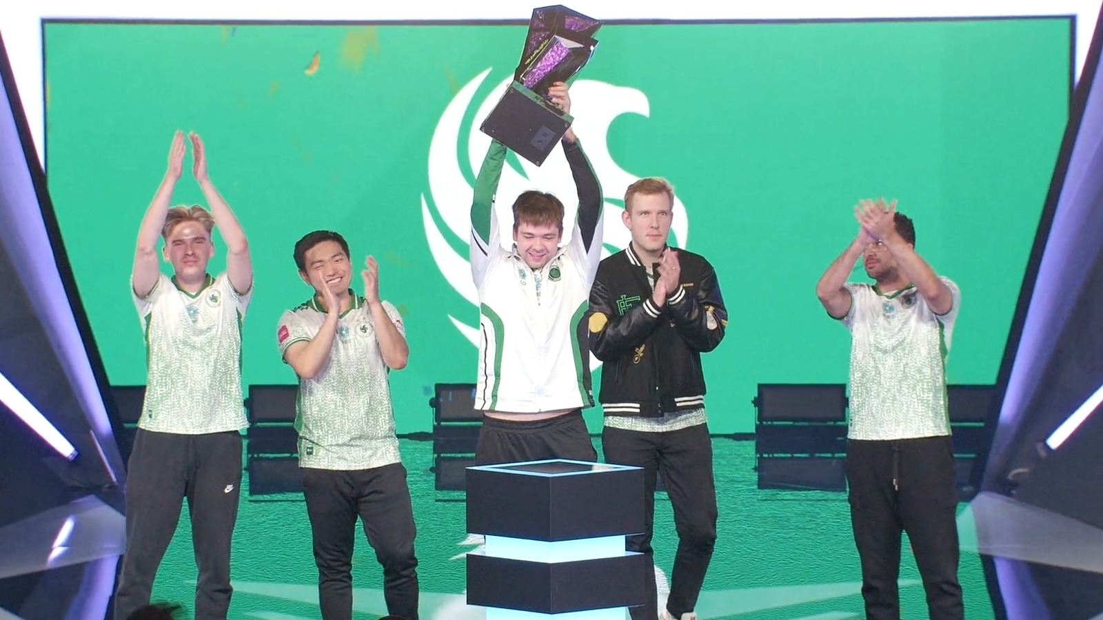 Team Falcons lifts the FPG2 trophy at the Sava Centar in Belgrade.