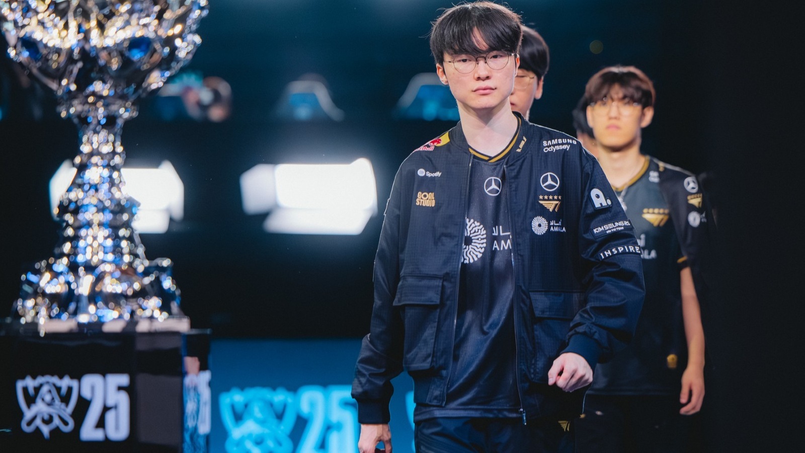 faker walking on stage at LoL Worlds 2025