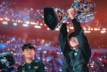 T1 Faker lifting League of Legends World Championship Trophy 2025