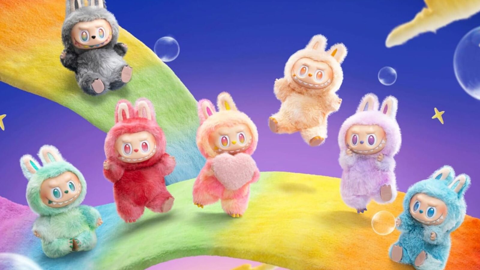 Multi-colored Labubu dolls jumping and sliding on rainbow surfaces in a space-like scene