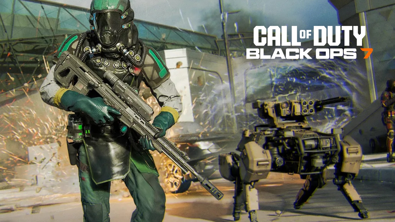 Black Ops 7 operator with DAWG scorestreak and BO7 logo in top right corner