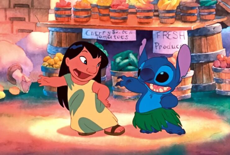Lilo and Stitch hula dancing during one of the best Disney movies, Lilo &amp; Stitch.