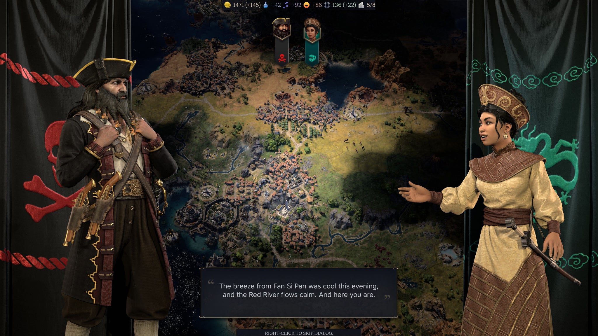 Two characters interact over the top of a map in Civilisation 7.