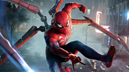 fanatical-black-friday-deals-news-marvels-spider-man-2 Spider-Man using his iron spider arms and attacking an off-screen enemy in Marvel's Spider-Man 2 gameplay