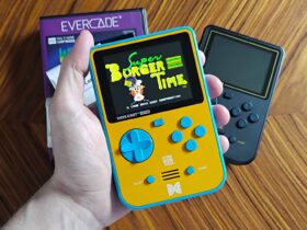 Super Pocket handheld with Super Burger Time title screen displayed.