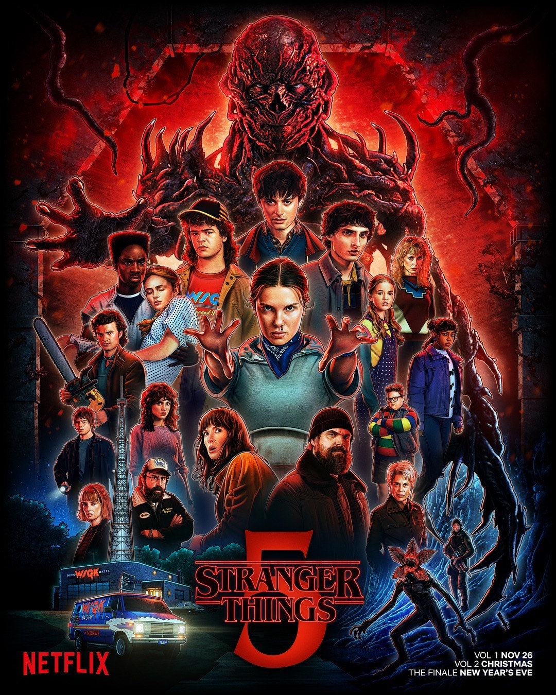 Stranger Things Season 5 Poster with Vecna towering over the entire cast of the show