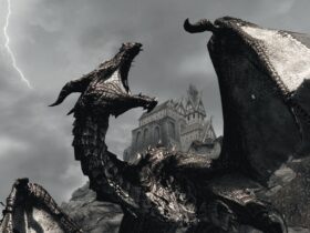 A black dragon roaring with a manor house behind it and lighting in the sky during Skyrim.