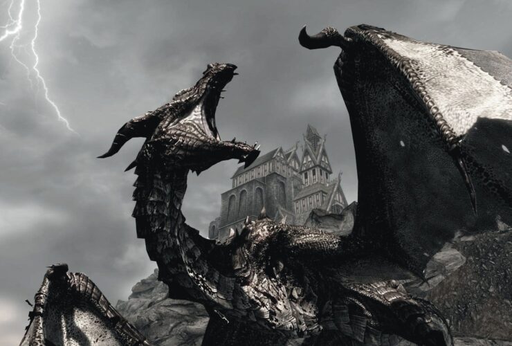A black dragon roaring with a manor house behind it and lighting in the sky during Skyrim.
