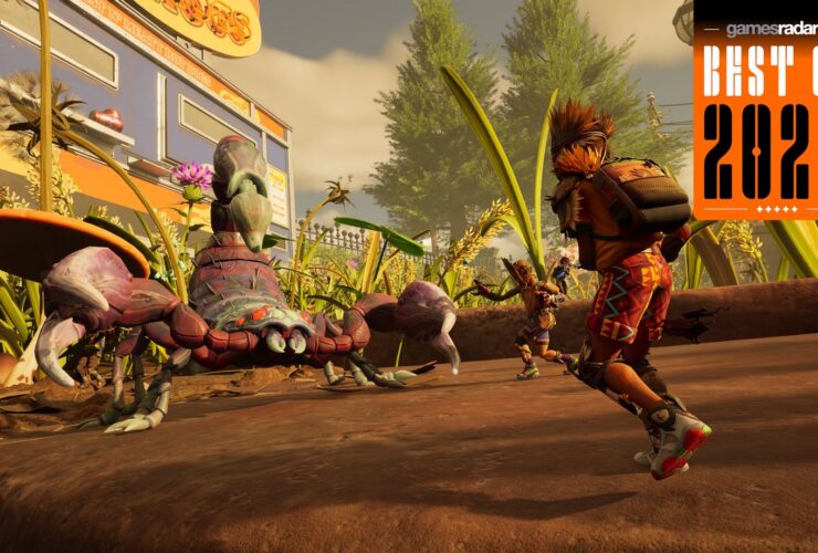 Grounded 2 screenshot showing kids facing a scorpion with a GamesRadar+ Best of 2025 badge in upper right