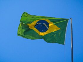 Brazil flag billowing in wind