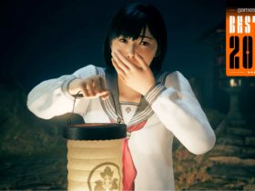 Silent Hill f screenshot of Hinako holding a lantern and holding her mouth to stifle a scream