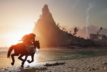 Atsu rides a horse along the coast in Ghost of Yotei