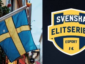 Side by side image of sweden flag in the street next to logo of Svenska Elitserien