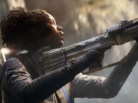 Arc Raiders trailer screenshot of woman holding a rifle